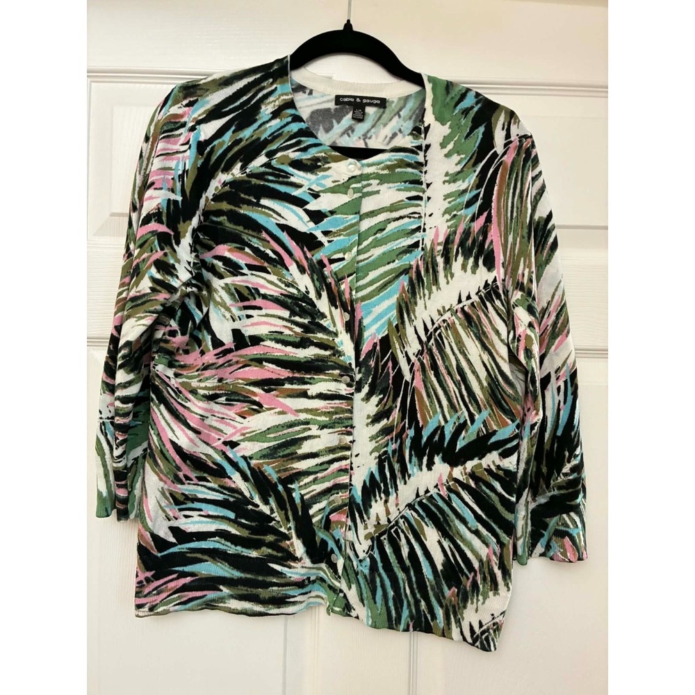 Cable & Gauge Womens Large Tropical Leaf Print Cardigan Button Front Lightweight